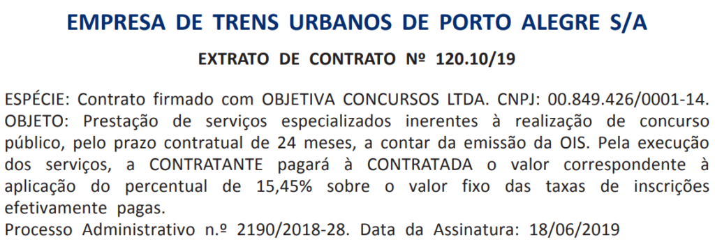 Concurso Trensurb-RS: Extrato de contrato com banca é publicado! 1 Trensurb RS