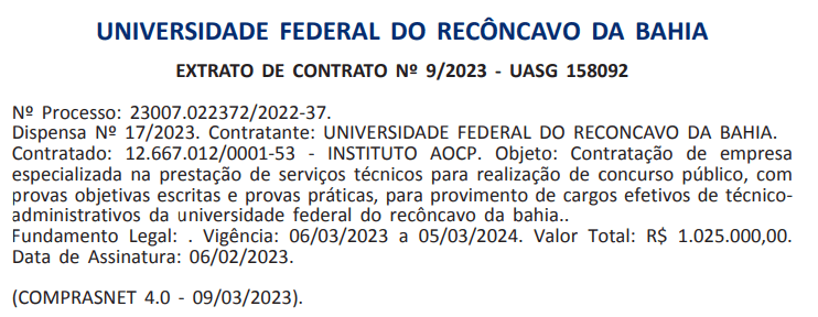 Concurso UFRB: Instituto AOCP é a banca. Edital iminente! 1 Extrato de Contrato Ufrbpng