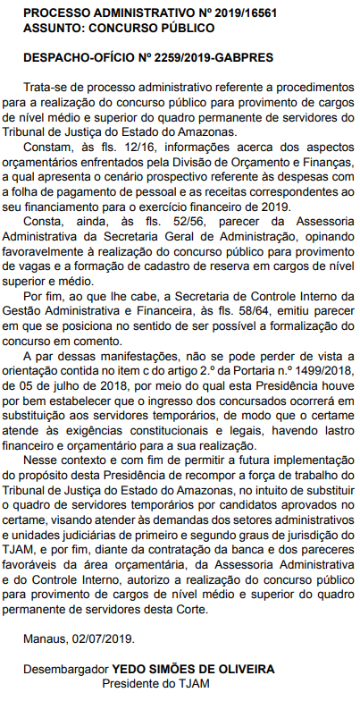 Concurso TJ AM: Despacho confirma a realização de concurso! 1 TJ AM