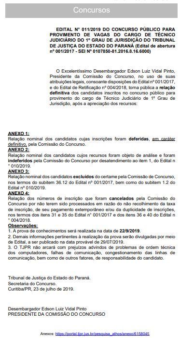 Concurso TJ PR: Definida data da prova para Técnico. Confira! 1 Nova-TJPR