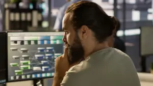 Foto de um profissional Analista de telecomunicações monitorando painéis de redes e telecomunicação