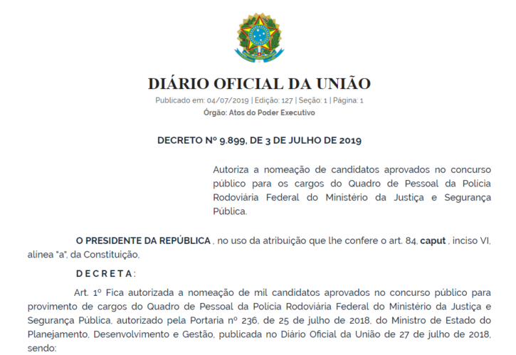 Concurso PRF: Presidente autoriza chamada de 1.000 aprovados! 1 decreto PRF