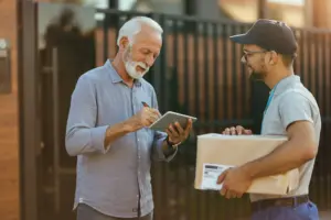 otografia de um Agente dos Correios em ação, realizando a entrega de correspondências ou atendendo clientes.