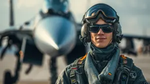 portrait skilled fighter pilot with aircraft
