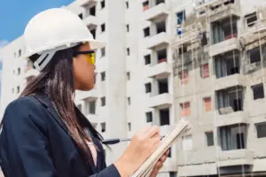 Técnico de fiscalização realizando vistoria em obra