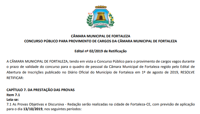 Concurso Câmara de Fortaleza - CE: Data das provas são alteradas! 1 Câmara de Fortaleza