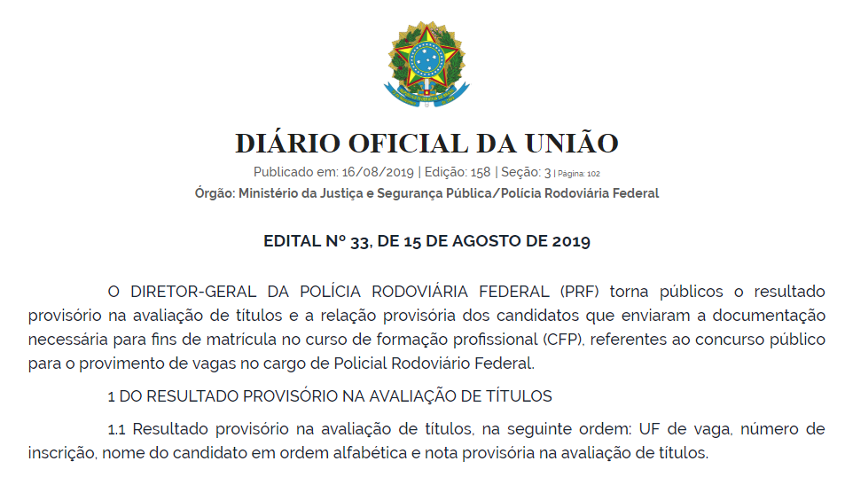 Concurso PRF: Confira o resultado preliminar da Avaliação de Títulos! 1 PRF 1