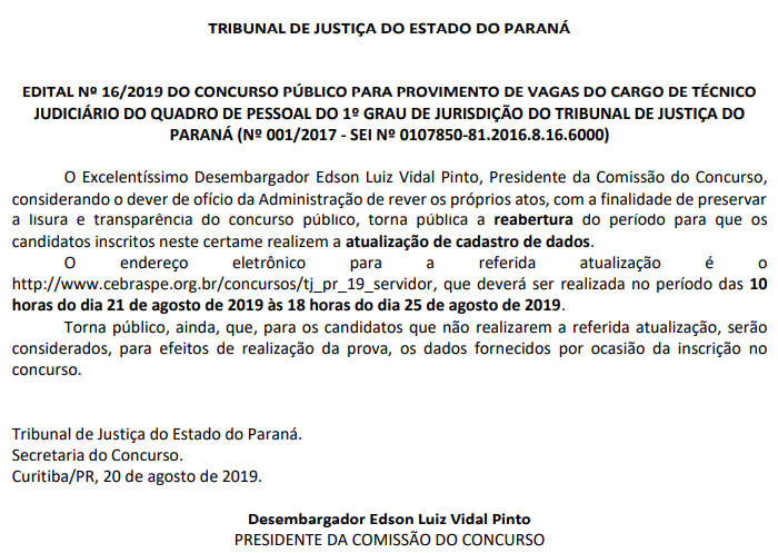 Concurso TJ PR: Período para atualização do cadastro é reaberto! 1 TJ PR