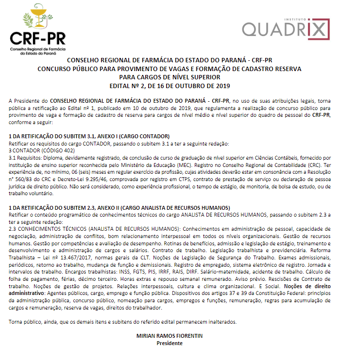 Concurso CRF-PR: Edital do certame é retificado e altera requisitos! 1 CRF PR 2