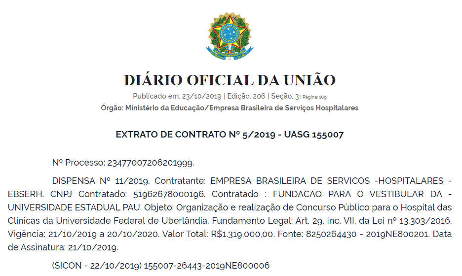 Concurso Ebserh: Publicado extrato de contrato com as bancas organizadoras! 1 Vunesp