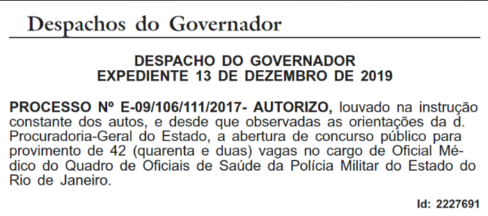 Concurso PMERJ: Governador autoriza vagas para área da Saúde! 1 concurso PM RJ autorizado 42 vagas médico