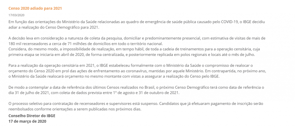 Concurso IBGE: Certame é adiado para o ano de 2021 devido a pandemia do Coronavírus! 1 IBGE comunicado