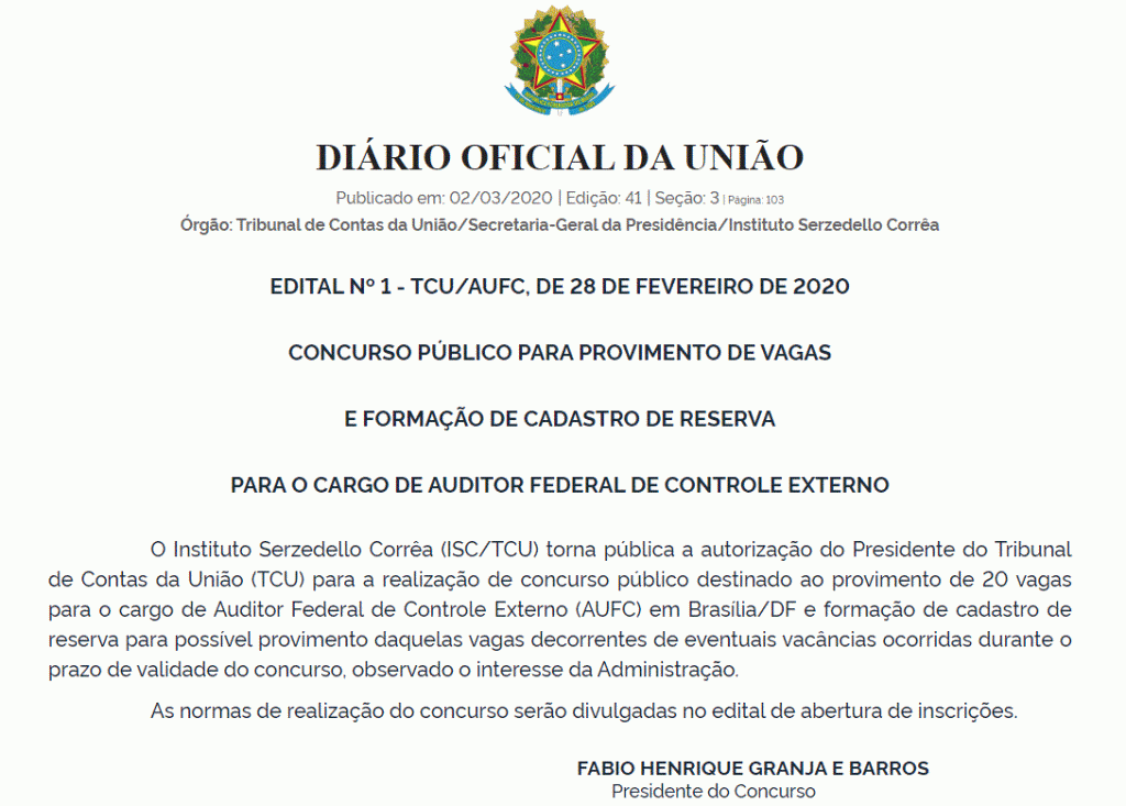 Concurso TCU: Edital com 20 vagas para Auditor é autorizado! 1 TCU