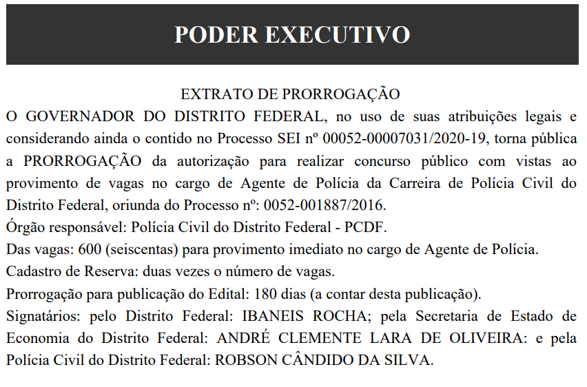 Concurso PCDF Agente: Autorização do certame é prorrogada por mais 180 dias! 1 PCDF Agente