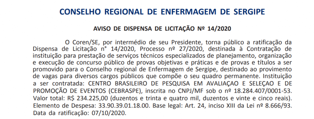 Concurso COREN-SE: Banca organizadora é definida; edital pode ser divulgado! 1 COREN SE