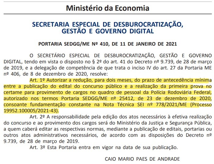 Concurso PRF: Ministério da Economia autoriza prazo menor entre edital e aplicação das provas! 1 PRF