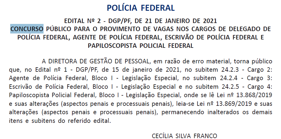 Concurso Polícia Federal: Edital é retificado; inscrições estão abertas! 1 RETIFICACAO PF 2021