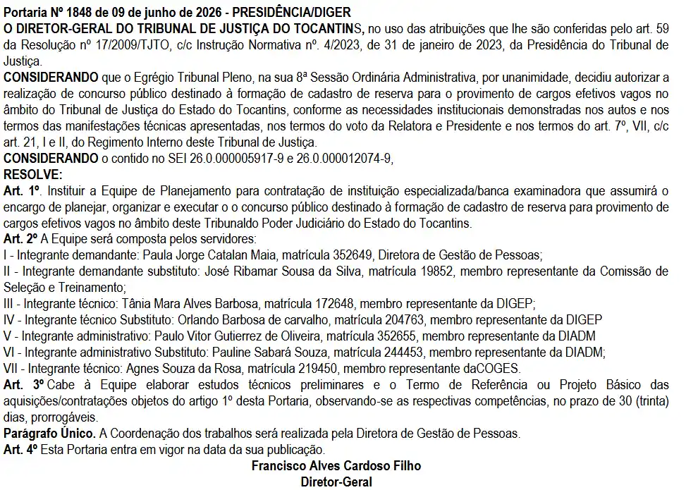 Concurso TJ TO: Comissão formada! Edital em breve! 1 concurso tj to
