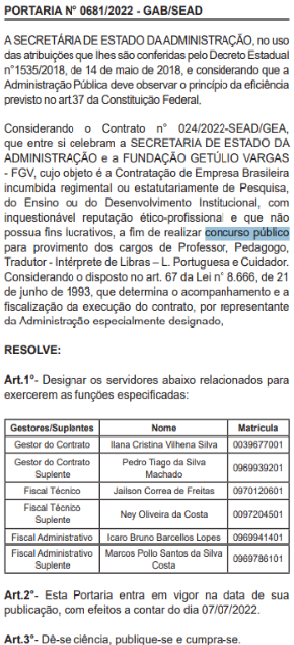 Concurso SEED AP: Designada equipe que fiscalizará contrato com a FGV! 1 portaria