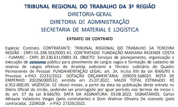 Concurso TRT MG: Banca contratada. Edital previsto para esta quarta, 10! 1 Contrato assinado com a banca Fumarc