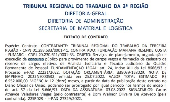 Contrato assinado com a banca Fumarc 