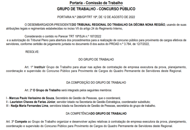 Concurso TRT AL - 19ª região: Novo edital autorizado para todas as especialidades! 1 Portaria divulgada no Diário Oficial