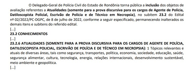 Concurso PC RO: Edital retificado. Alterações no conteúdo programático. Confira! 1 retificação