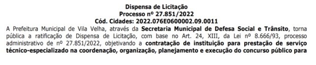 Concurso Guarda de Vila Velha - ES: Banca organizadora definida! 1 dispensa de licitação 1