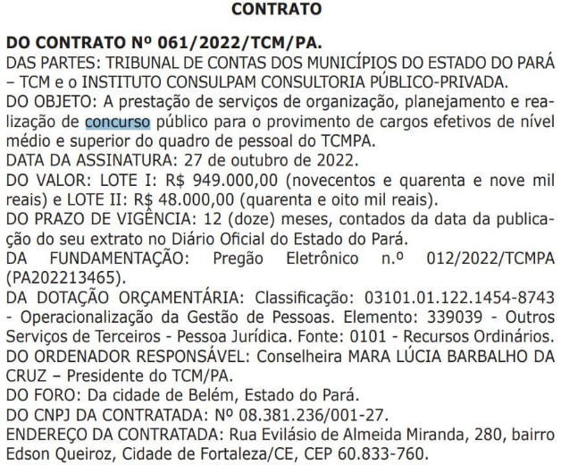Concurso TCM PA: Banca contratada. Edital iminente para nível médio e superior! 1 contrato tcm pa