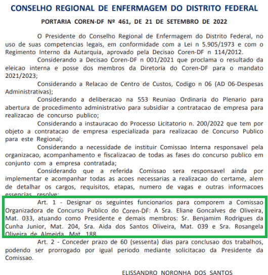 Concurso COREN DF: Comissão formada. 60 dias para conclusão dos trabalhos! 1 portaria coren df