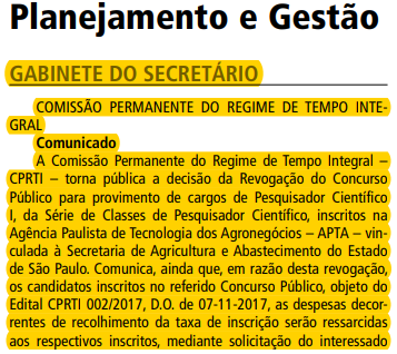 Concurso APTA SP: Vunesp é a banca. 37 vagas para Pesquisador! 1 APTA Revogação