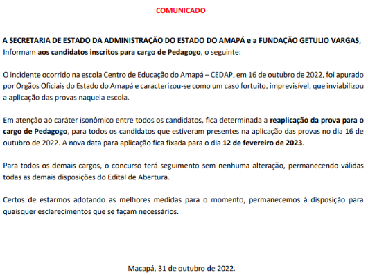 Concurso SEED AP: Provas para Pedagogo serão reaplicadas. Veja o comunicado! 1 comunicado fgv