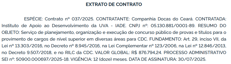 Concurso Docas CE: Banca contratada! Edital em breve! 1 Extrato de contrato com a banca do concurso Docas CE