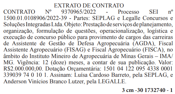 Concurso IMA MG: Edital iminente. 132 vagas de níveis médio e superior! 1 extrato contrato ima