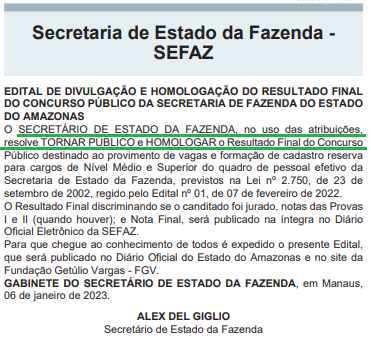 Concurso Sefaz AM: Homologado resultado final. Confira a lista dos aprovados! 1 homologação