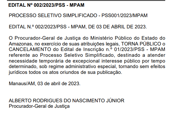 Concurso MP AM: Seleção para contratação temporária é cancelada. Entenda! 1 cancelamento mp am