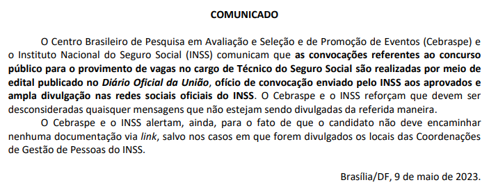 Concurso INSS: Cebraspe alerta sobre mensagens falsas referente a convocação de aprovados! 1 image 80