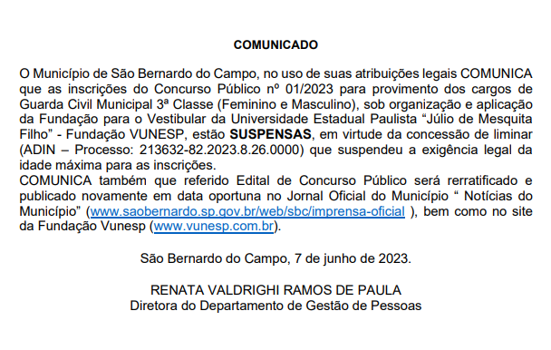 Concurso Guarda de São Bernardo do Campo: Inscrições estão suspensas. Entenda! 1 comunicado gcm sao bernardo