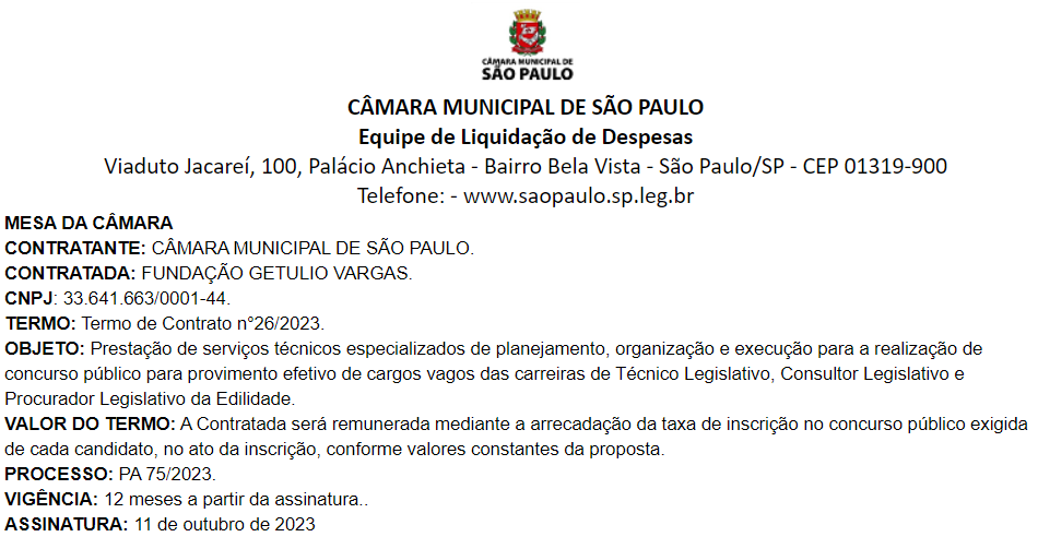 Concurso Câmara SP: Confira como foi o último certame! 1 contrato concurso camara sp