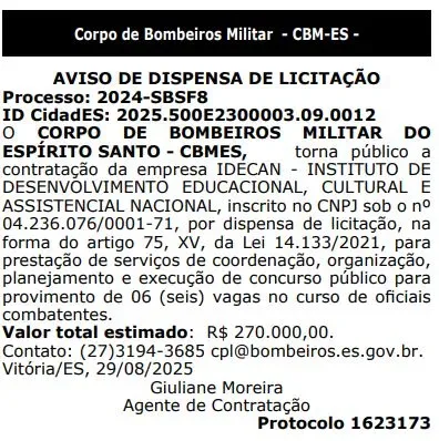 Banca do concurso Bombeiros ES definida