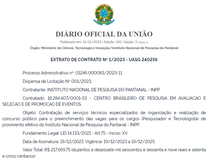 extrato de contrato oficial referente à contratação da banca Cebraspe para o concurso INPP