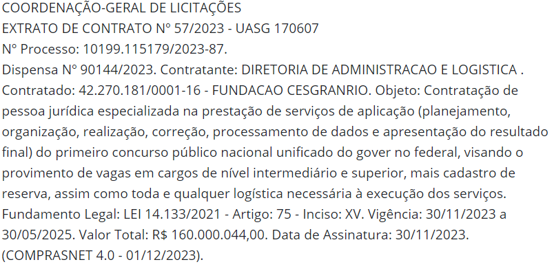 Concurso CNU: Assinado contrato com a Cesgranrio. Edital a qualquer momento! 1 contrato banca cesganrio