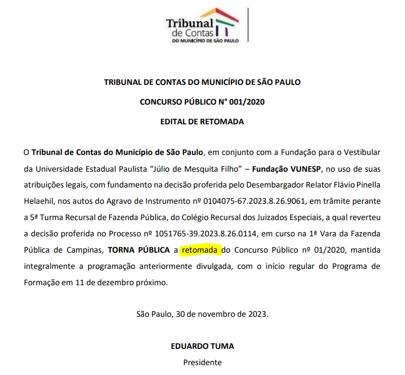 Concurso TCM SP é retomado após um dia da suspensão. Saiba mais! 1 retomada concurso tcm sp