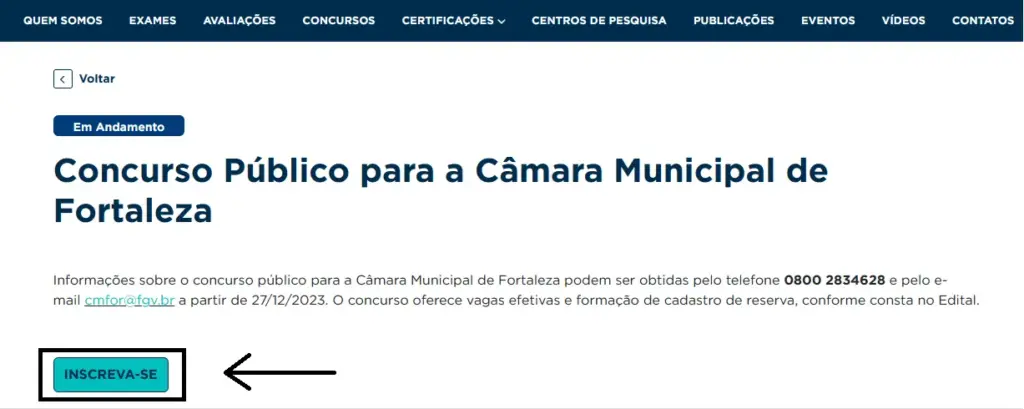 demonstração do 1º passo para se inscrever no concurso Câmara de Fortaleza no site da FGV