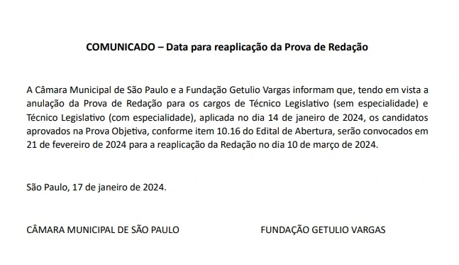 comunicado da Fundação Getúlio Vargas para reaplicação da prova objetiva do concurso Câmara SP