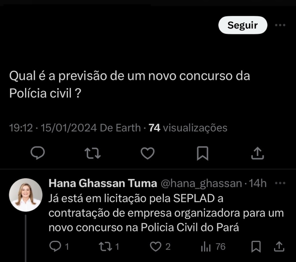 resposta da vice-governadora do Pará, Hana Ghassan a um seguidor em duas mídias sociais