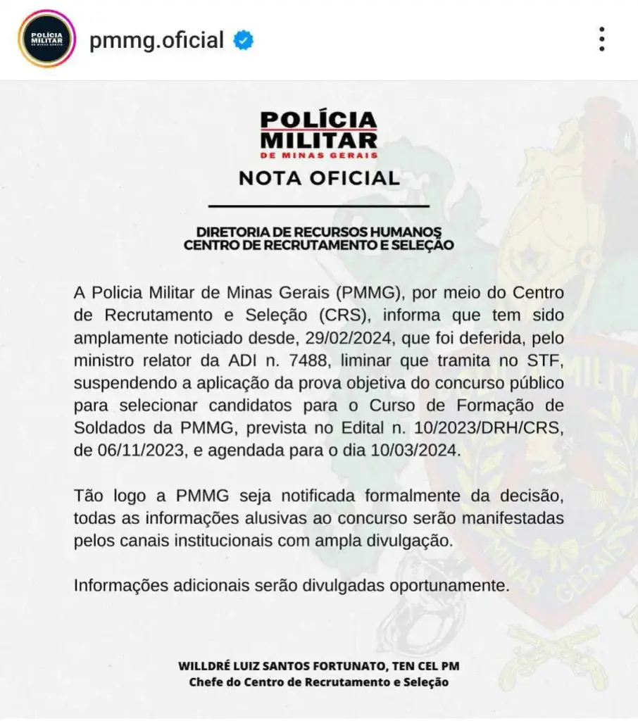 STF suspende o edital PMMG com restrição de vagas para mulheres! 1 nota oficial pmmg suspensao concurso soldado 2024