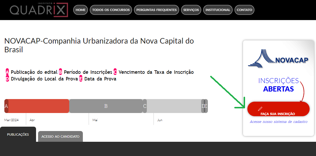Página de de inscrições do concurso NovaCap.