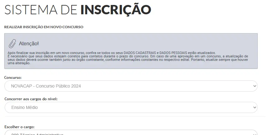 Página de de inscrições do concurso NovaCap. 