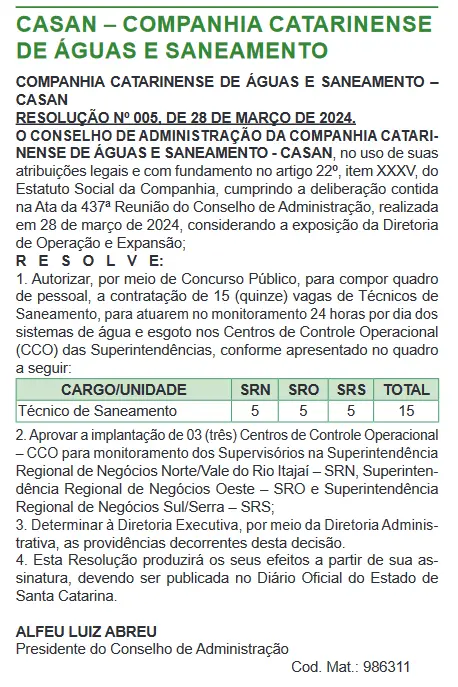 Texto da Resolução n° 005 que autoriza o novo concurso Casan. 